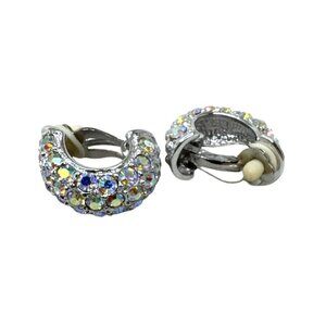 Vintage Silver-Tone Clip-On Earrings With Sparkling Aurora Borealis Rhinestones
